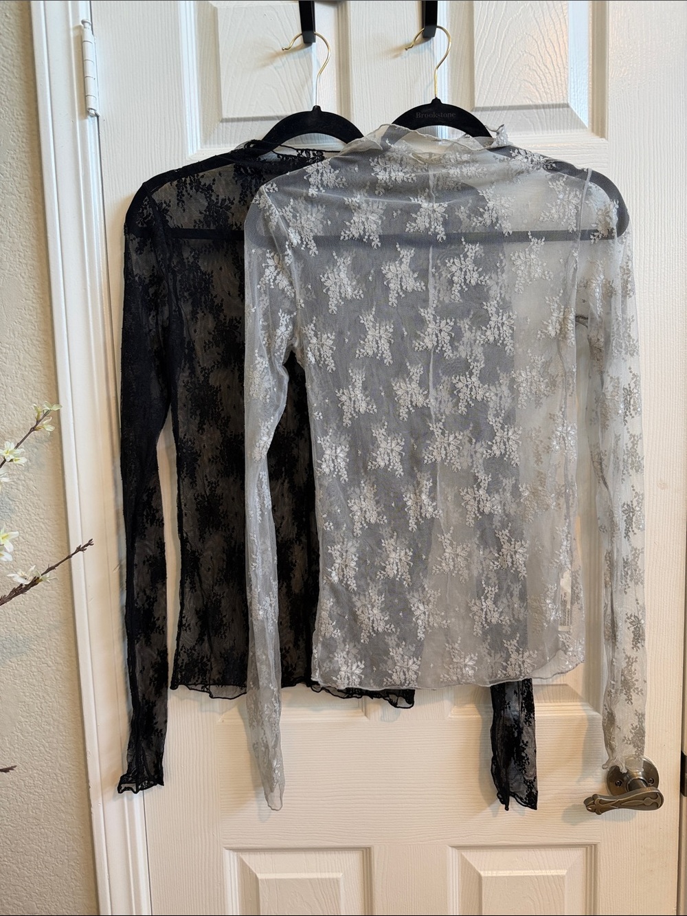 Free People Sheer Floral Lace Long-Sleeve Top - Black size L & Light Gray size M